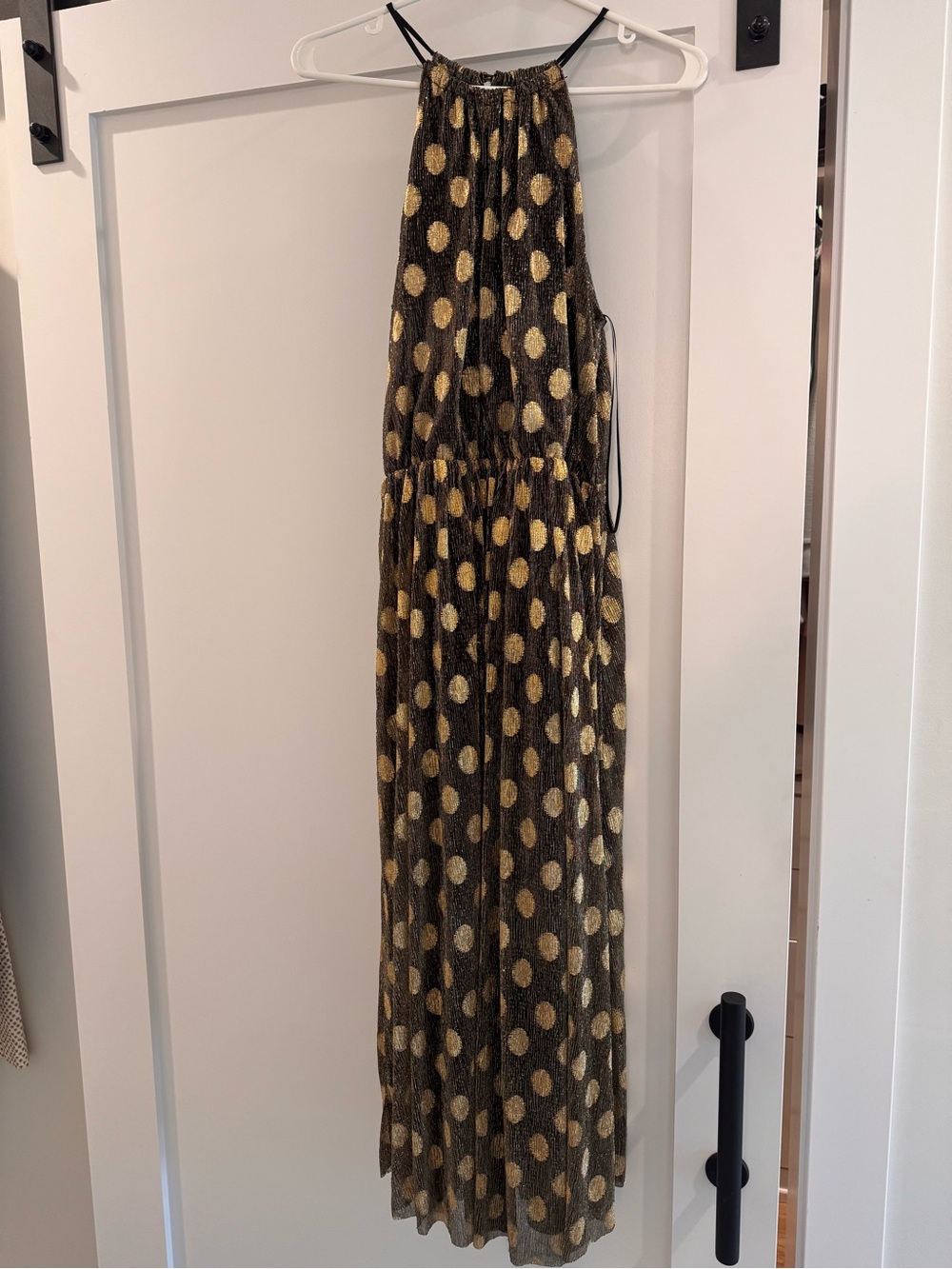 Halter Polka Dot Maxi Dress in Black with Gold Accents